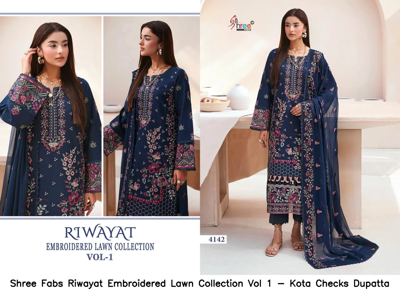 Shree Fabs Riwayat Embroidered Lawn Collection Vol 1 - Kota Checks Dupatta
