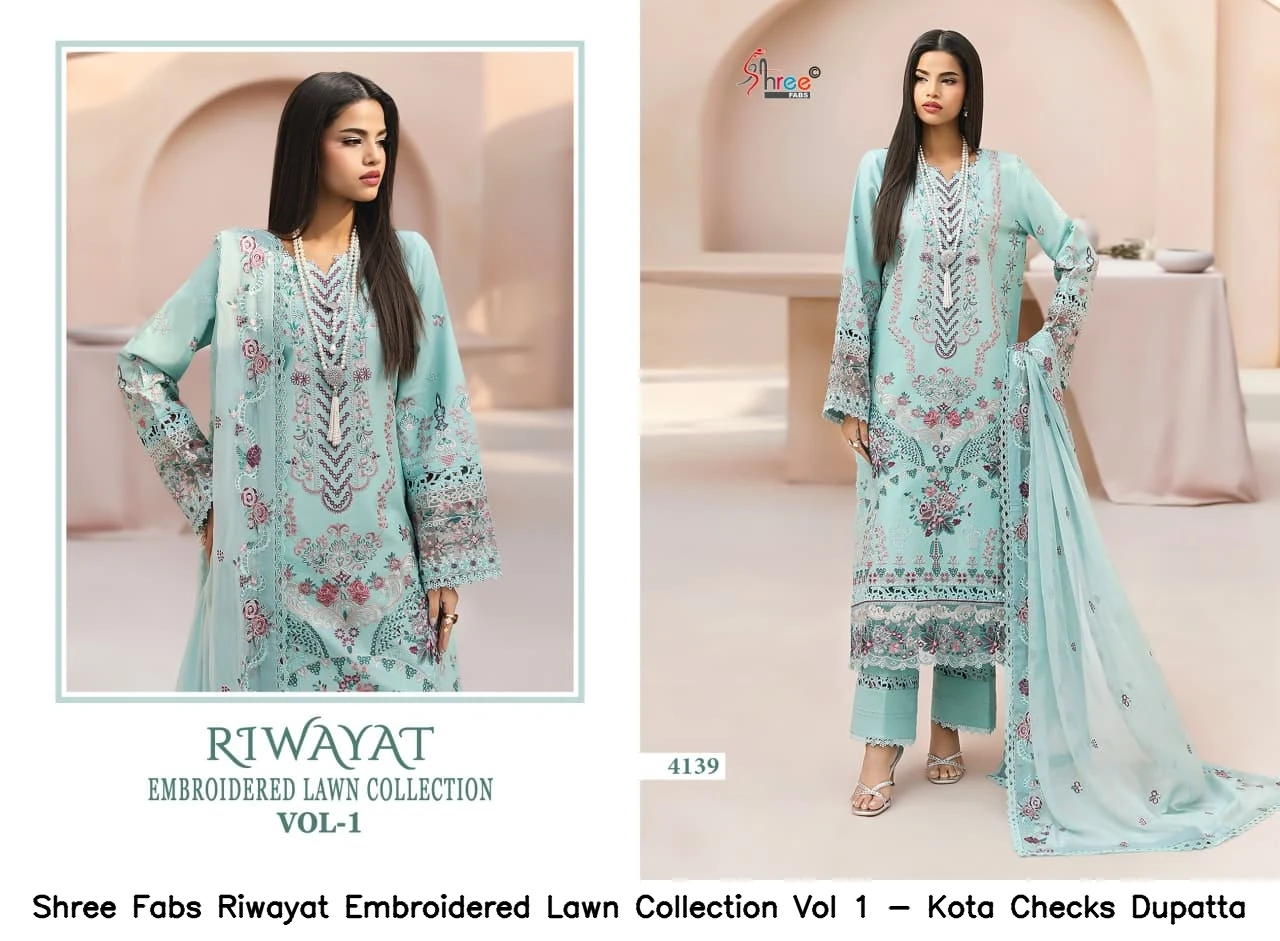 Shree Fabs Riwayat Embroidered Lawn Collection Vol 1 - Kota Checks Dupatta