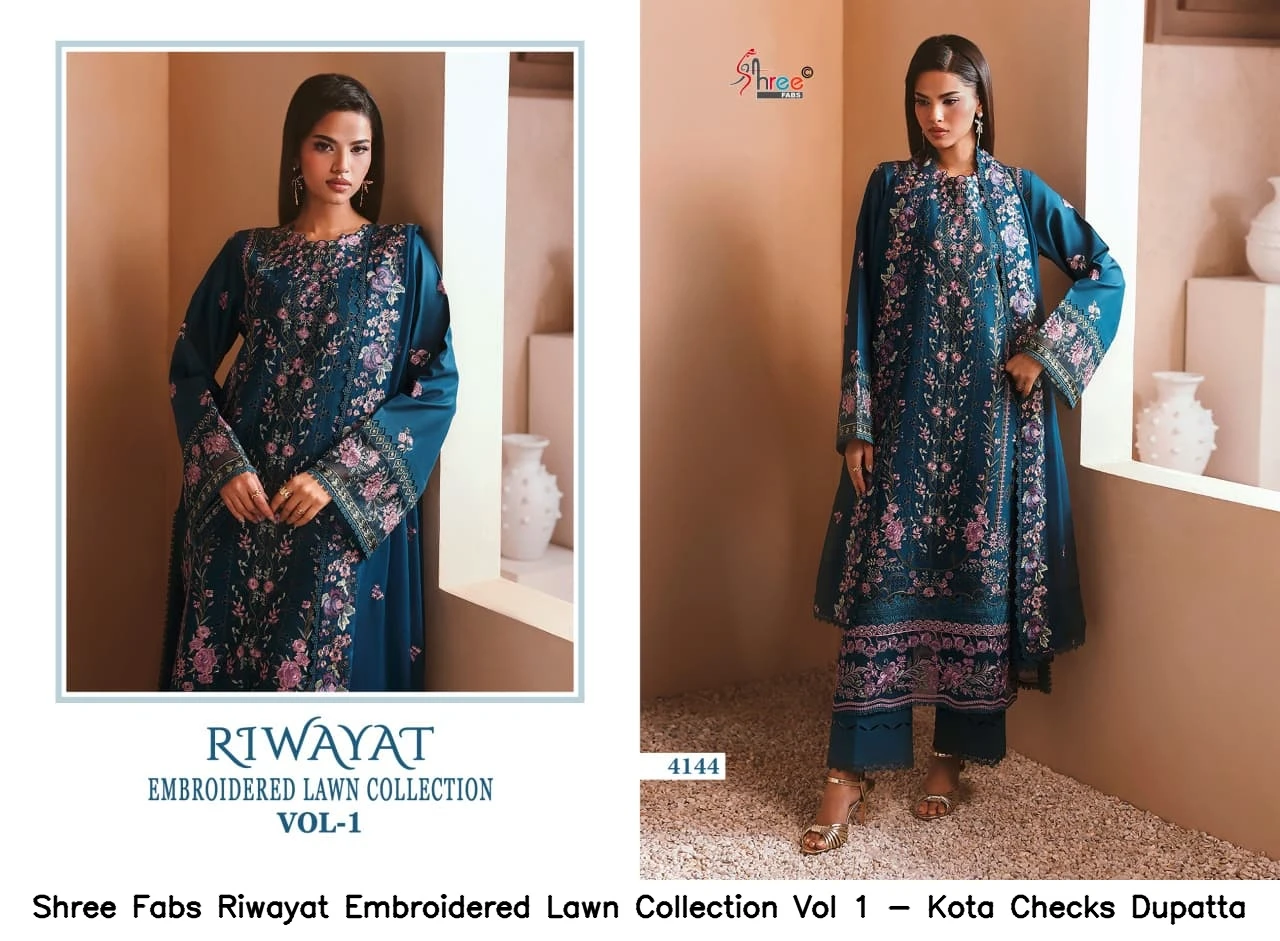 Shree Fabs Riwayat Embroidered Lawn Collection Vol 1 - Kota Checks Dupatta