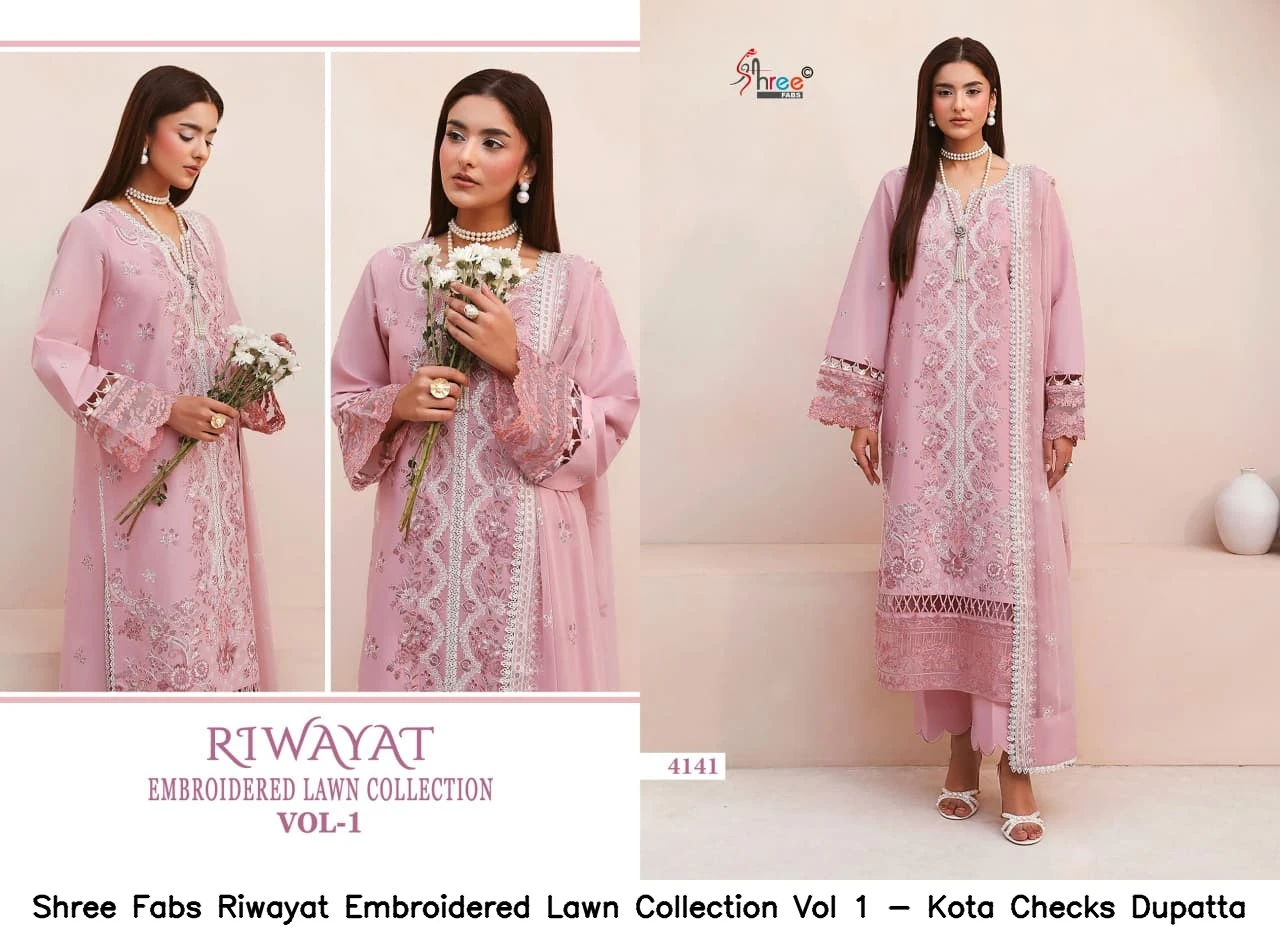 Shree Fabs Riwayat Embroidered Lawn Collection Vol 1 - Kota Checks Dupatta