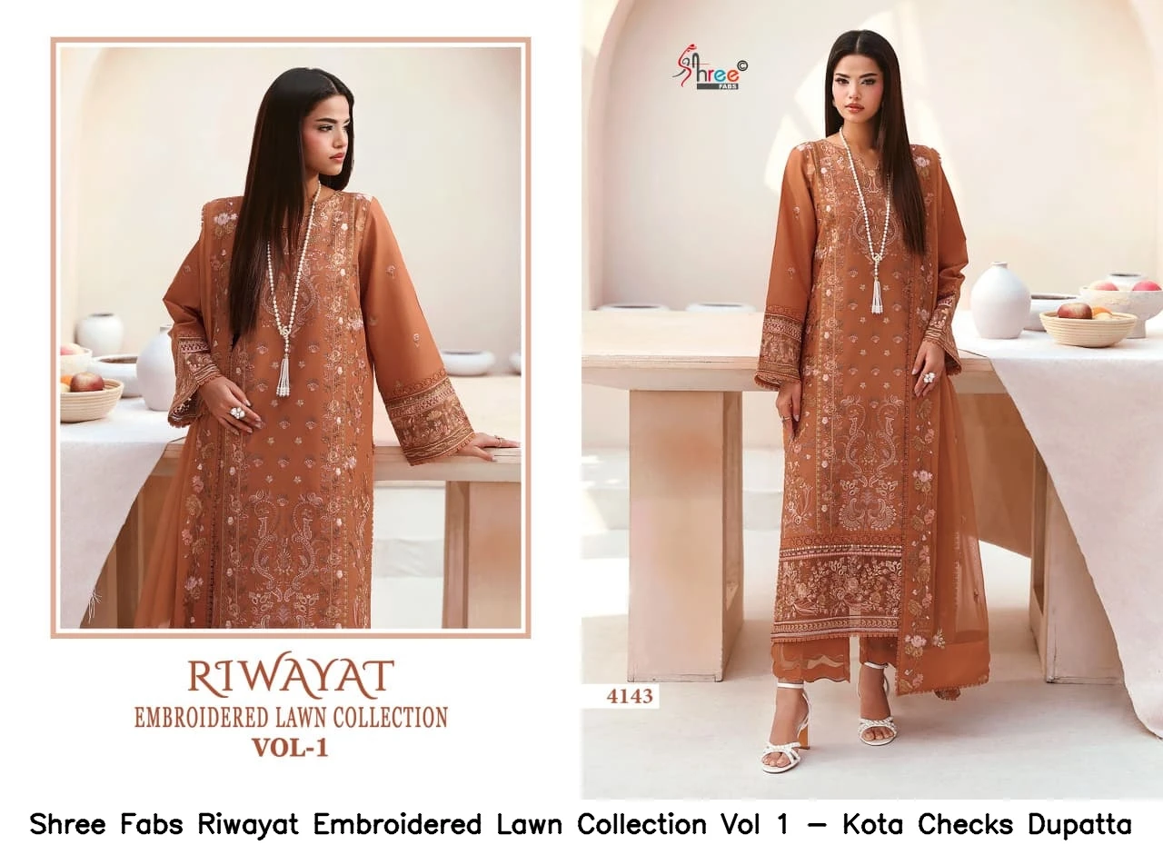 Shree Fabs Riwayat Embroidered Lawn Collection Vol 1 - Kota Checks Dupatta