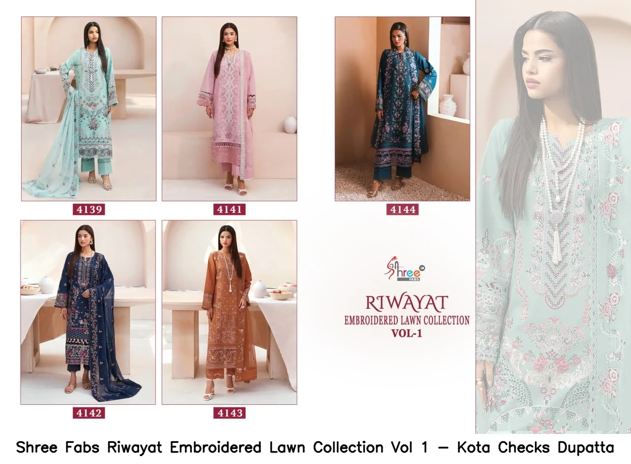 Shree Fabs Riwayat Embroidered Lawn Collection Vol 1 - Kota Checks Dupatta