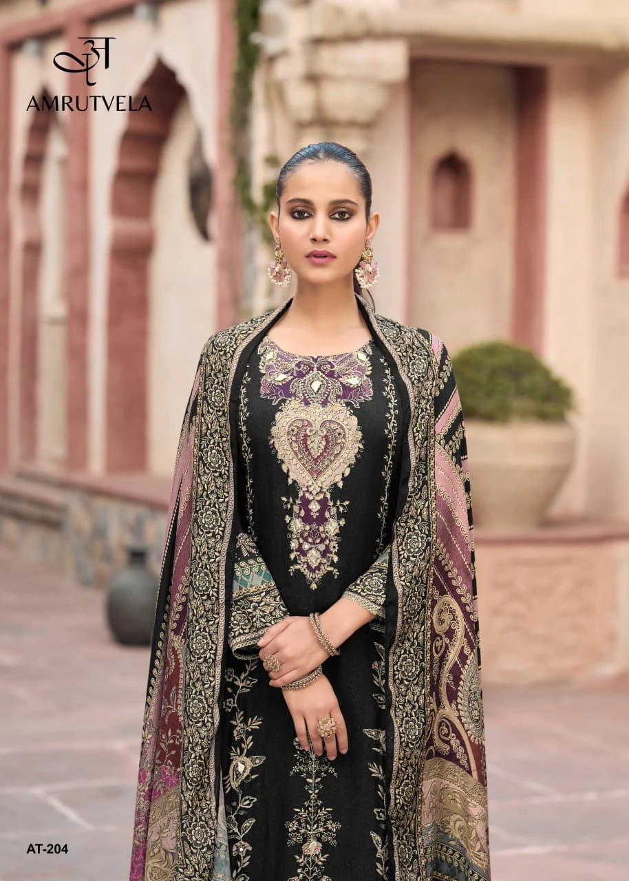 Amrutvela At 204: Black viscose maslin salwar suit with aari and hand embroidery, digital print, and floral patterns. - Pakistani Suit Design