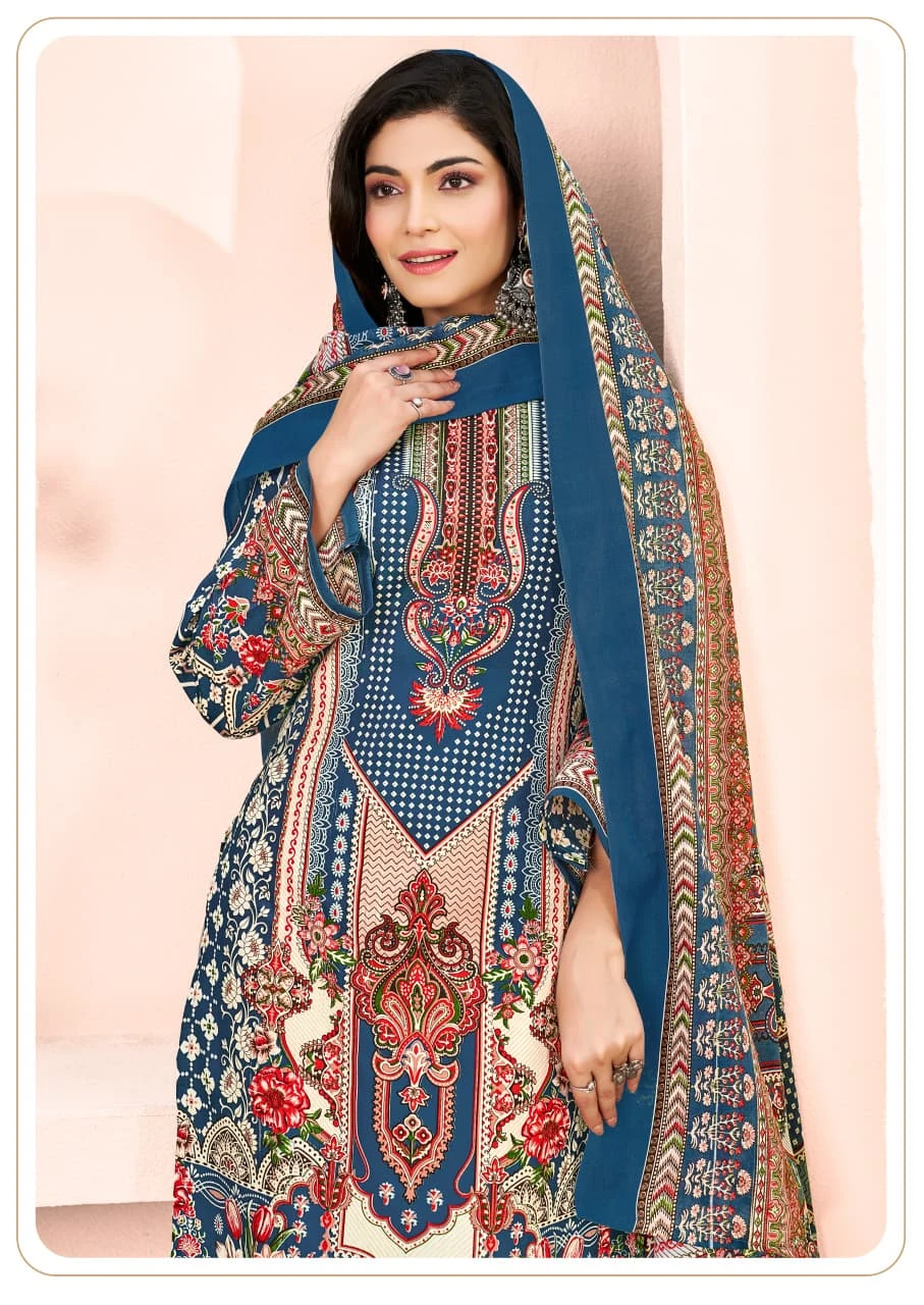 Vandana Karachi King Vol 43 salwar suit featuring a blue base with multicolor printed patterns and matching dupatta. - Pakistani Suit Design
