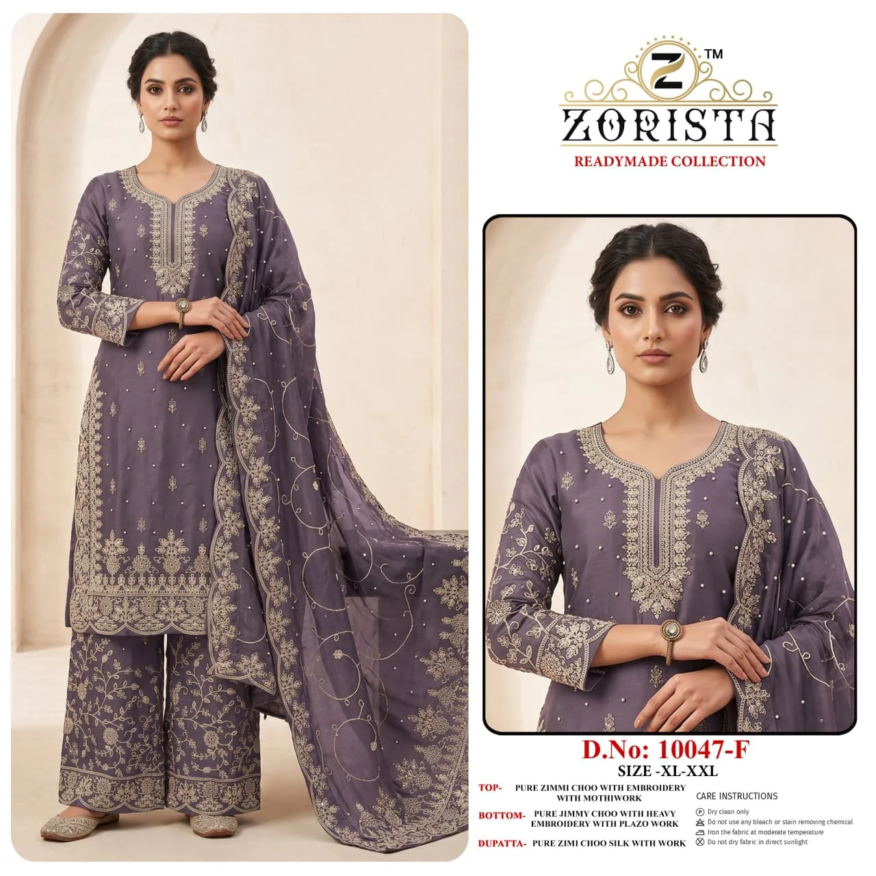 Zorista 10047, purple salwar suit set featuring embroidery with mothi work, wide-leg pants, and an embroidered dupatta with pearl embellishments. - Pakistani Suit Design