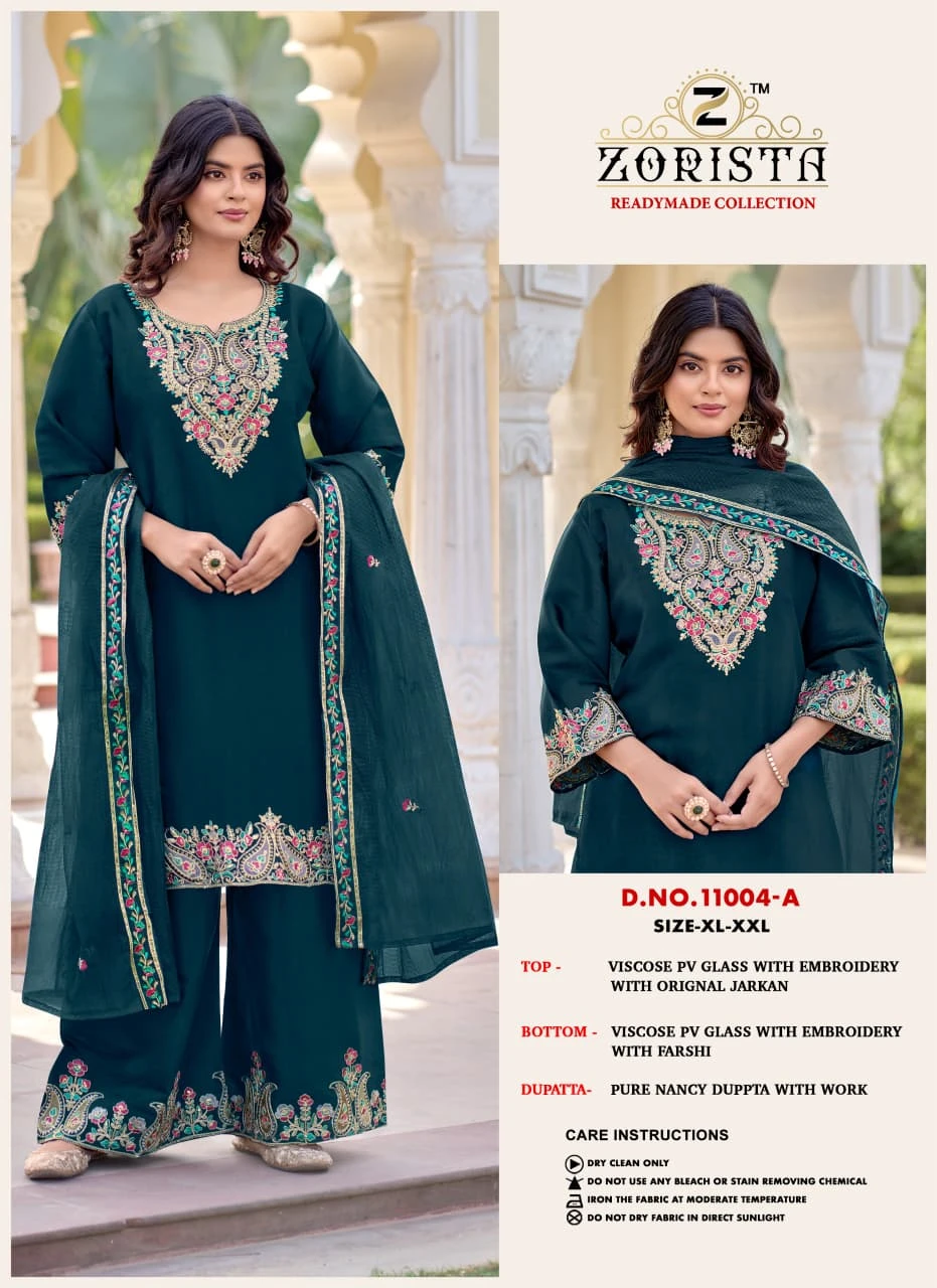 Zorista 11004-A: Deep teal salwar suit featuring a viscose top and farshi pants with colorful floral thread embroidery, embellishments, and a matching dupatta. - Pakistani Suit Design