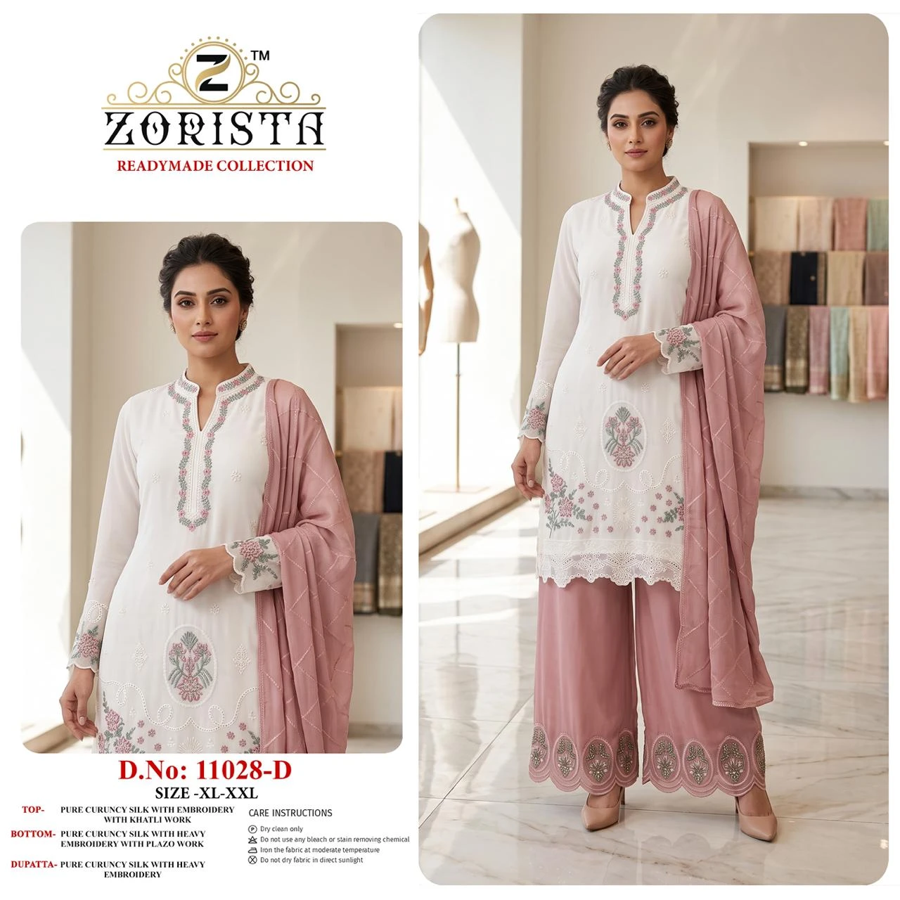 Zorista 11028-D: White silk kurti with pink wide-leg pants and dupatta, featuring floral embroidery, thread work, and scalloped hemline. - Pakistani Suit Design
