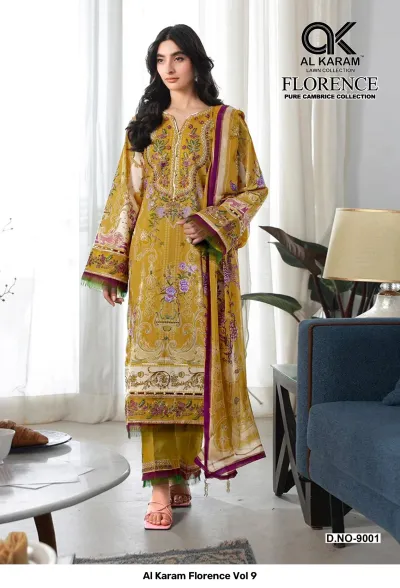 Al Karam Florence Vol 9 — Pure Cambric Cotton Printed, Karachi Pattern Dress, Al Karam Lawn Collection wholesale from Surat — view 2