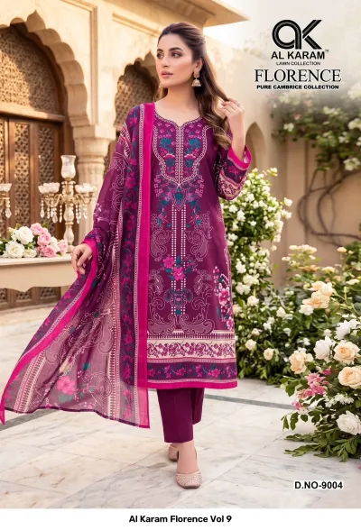 Al Karam Florence Vol 9 — Pure Cambric Cotton Printed, Karachi Pattern Dress, Al Karam Lawn Collection wholesale from Surat — view 5