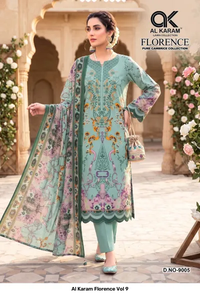 Al Karam Florence Vol 9 — Pure Cambric Cotton Printed, Karachi Pattern Dress, Al Karam Lawn Collection wholesale from Surat — view 6