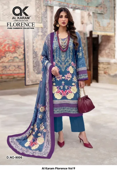 Al Karam Florence Vol 9 — Pure Cambric Cotton Printed, Karachi Pattern Dress, Al Karam Lawn Collection wholesale from Surat — view 7