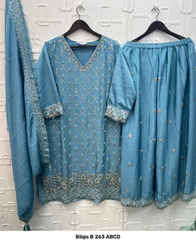 Bilqis B 263 ABCD — Chinnon Heavy Beads Embroidered, Pakistani Readymade Suits, Bilqis wholesale from Surat — view 3