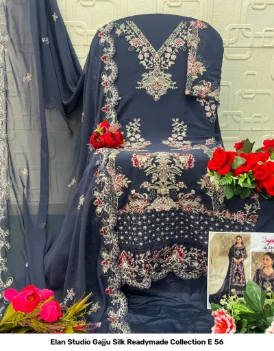 Elan Studio Gajju Silk Readymade Collection E 56 — Gajji Silk Heavy Embroidered, Pakistani Readymade Suits, Elan Studio wholesale from Surat — view 3