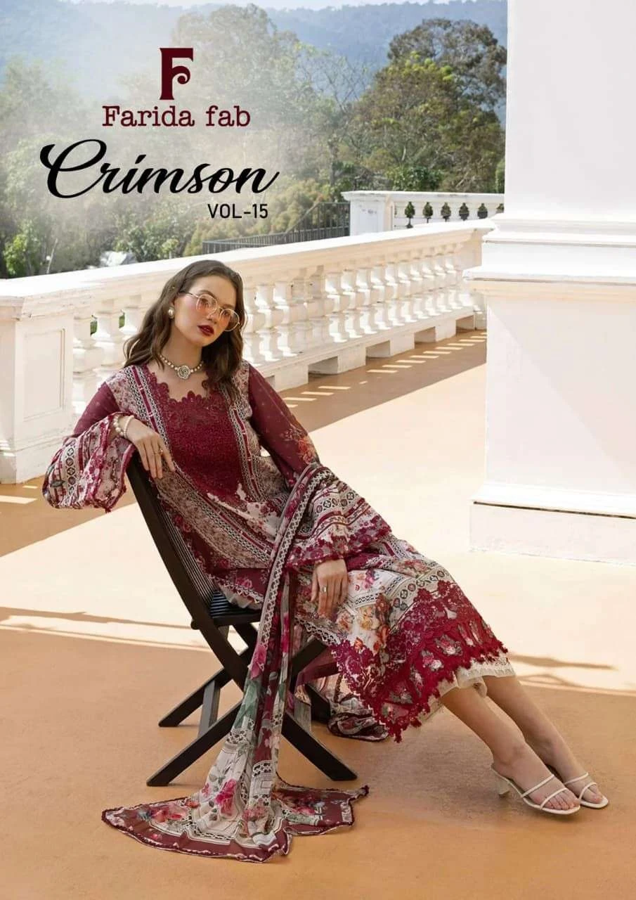 Farida Fab Crimson Vol 15, crimson red salwar suit, floral print with extensive thread and embroidery work. - Pakistani Suit Design