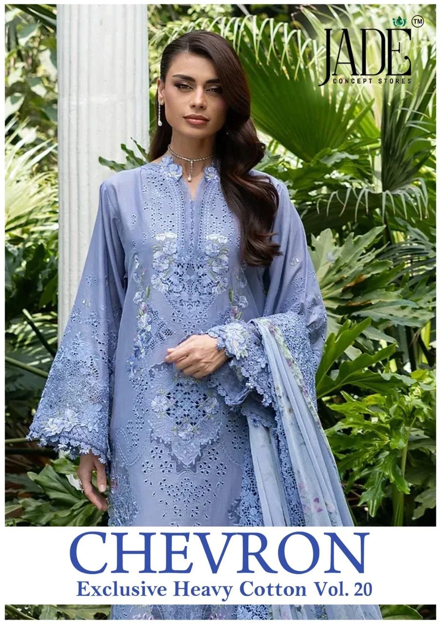 Jade Chevron Vol 20, blue salwar suit with detailed thread work, embroidery, and scalloped edges. - Pakistani Suit Design