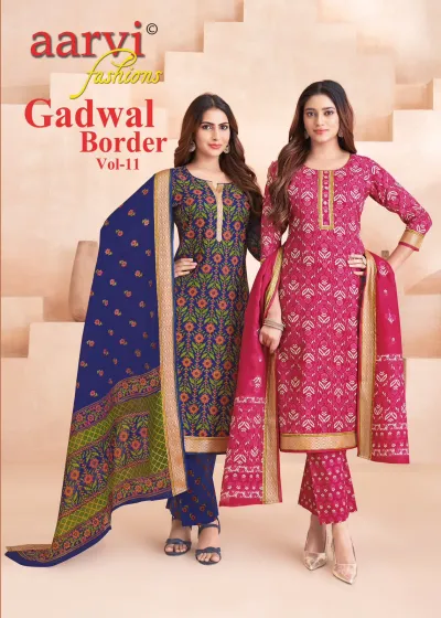 Aarvi Gadwal Border Vol 11 catalog cover featuring models wearing printed salwar suits with zari borders.