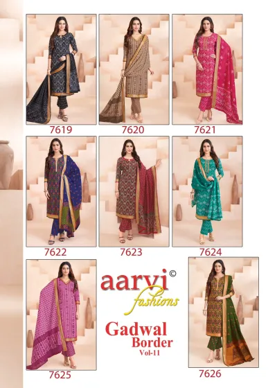 Aarvi Gadwal Border Vol 11 product collage showing various printed salwar suits from the collection.
