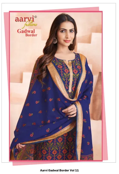 Aarvi Gadwal Border Vol 11 blue printed salwar suit with floral patterns and zari border.