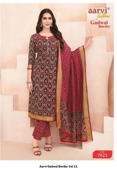 Aarvi Gadwal Border Vol 11 red printed salwar suit with heart-shaped motifs and zari border.