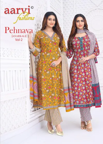 Aarvi Pehnava Vol 2: Catalog cover featuring multiple models in various printed Anarkali salwar suits with coordinated patterned pants and dupattas.