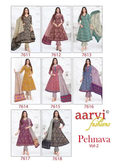Aarvi Pehnava Vol 2: Catalog collage displaying eight distinct Anarkali salwar suit designs from the collection with their respective product codes.