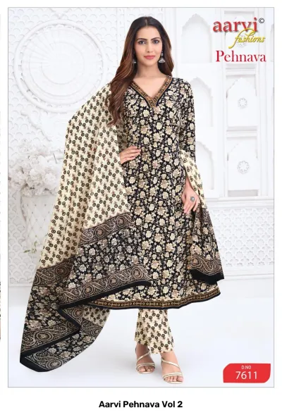 Aarvi Pehnava Vol 2: Black Anarkali salwar suit with floral print, paired with a cream-colored geometric patterned dupatta and matching pants.