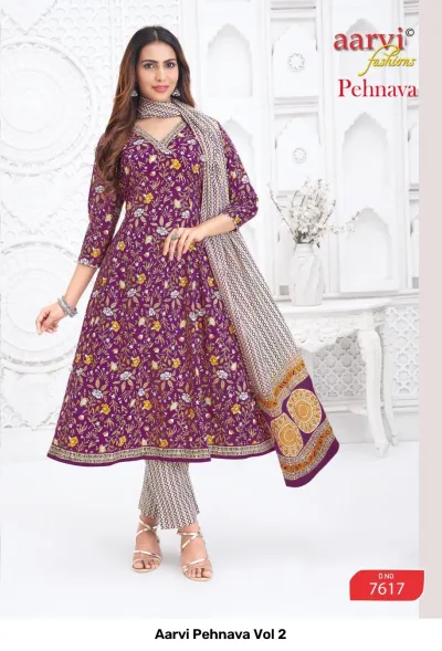 Aarvi Pehnava Vol 2: Purple Anarkali salwar suit featuring an all-over floral print, with a patterned dupatta and striped pants.