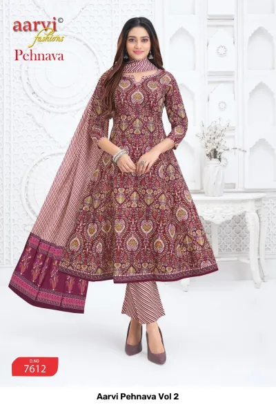 Aarvi Pehnava Vol 2: Maroon Anarkali salwar suit with ornate ethnic print, paired with a striped dupatta and matching pants.
