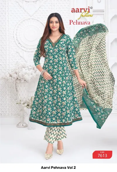 Aarvi Pehnava Vol 2: Green Anarkali salwar suit with floral print, complete with a cream-colored geometric dupatta and matching pants.