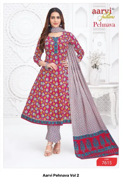 Aarvi Pehnava Vol 2: Pink Anarkali salwar suit featuring a dense floral print, paired with a patterned dupatta and geometric pants.