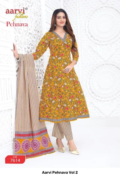 Aarvi Pehnava Vol 2: Mustard yellow Anarkali salwar suit with floral print, paired with a patterned dupatta and geometric pants.