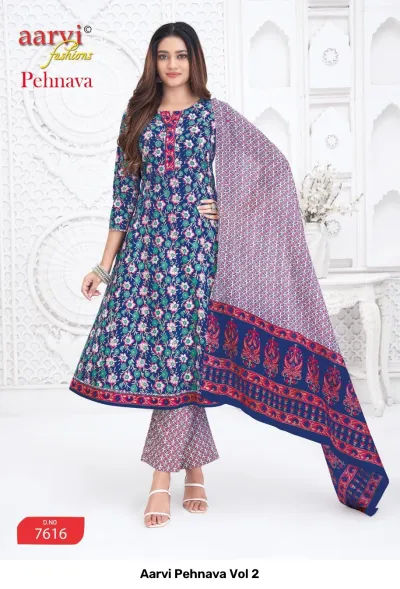 Aarvi Pehnava Vol 2: Blue Anarkali salwar suit with floral print, featuring a decorative dupatta and geometric patterned pants.