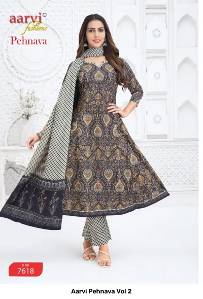 Aarvi Pehnava Vol 2: Dark grey Anarkali salwar suit with ornate ethnic print, paired with a striped dupatta and matching pants.