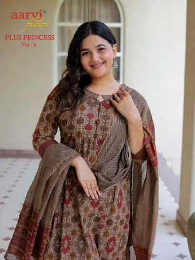 Aarvi Plus Princess Vol 6, brown printed salwar suit with matching dupatta, featuring a patterned kurti and coordinated trousers.