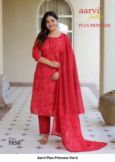 Aarvi Plus Princess Vol 6, red printed salwar suit set, featuring a paisley pattern on the kurti, trousers, and dupatta.