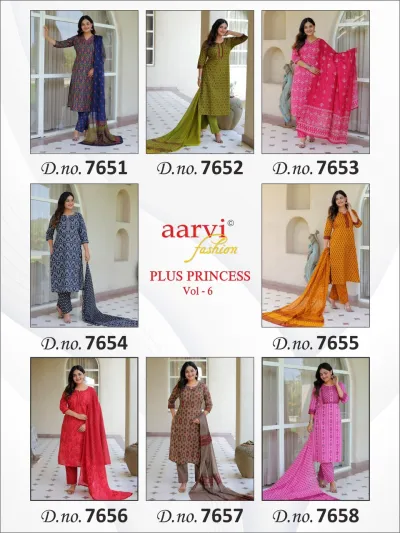 Aarvi Plus Princess Vol 6, catalog cover collage showcasing eight different printed salwar suit designs with their respective catalog numbers.