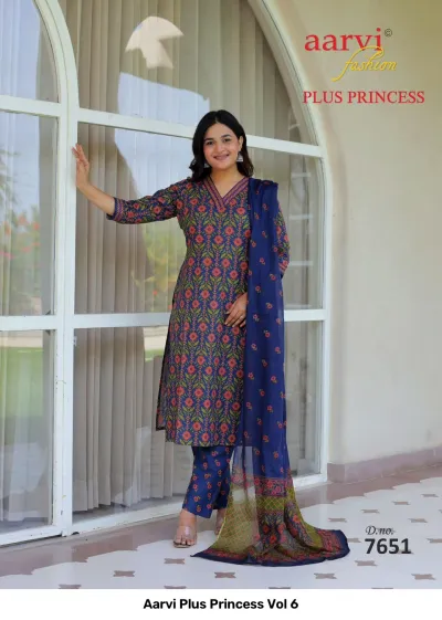 Aarvi Plus Princess Vol 6, blue printed salwar suit with a geometric pattern, matching trousers and a coordinating dupatta.
