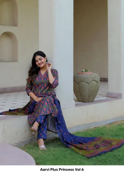 Aarvi Plus Princess Vol 6, blue printed salwar suit featuring a floral motif and a long, matching dupatta.