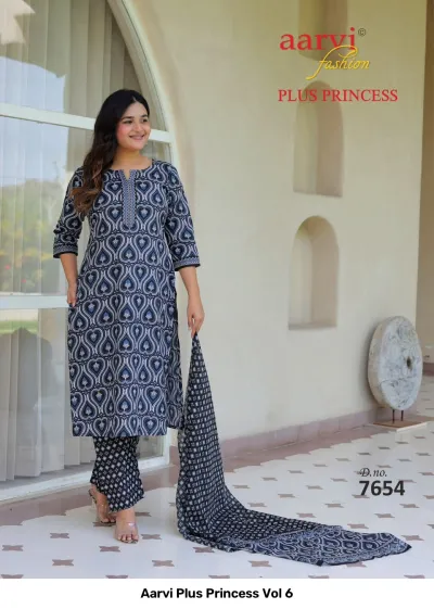 Aarvi Plus Princess Vol 6, black and white printed salwar suit, featuring a structured pattern on the kurti and trousers.