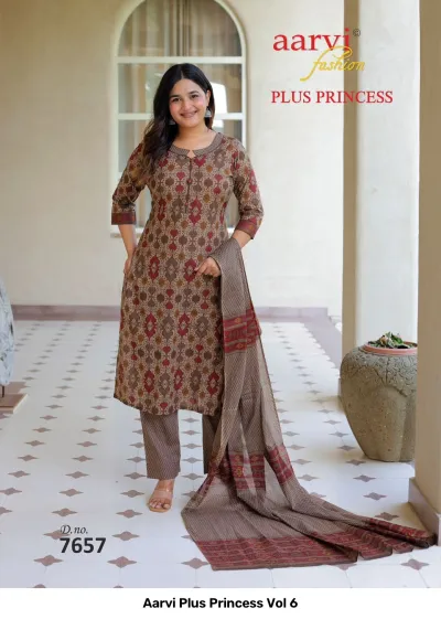 Aarvi Plus Princess Vol 6, brown printed salwar suit featuring an intricate geometric pattern with matching trousers and dupatta.