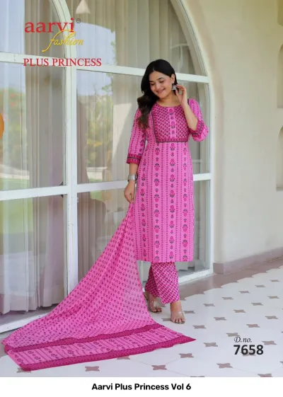 Aarvi Plus Princess Vol 6, bright pink printed kurti, trousers, and dupatta with a repeating floral motif.