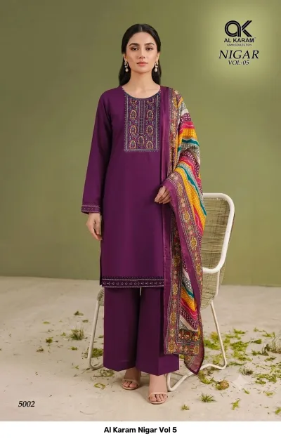 Al Karam Nigar Vol 5, purple salwar suit featuring a plain kurti with neck embroidery and a colorful patterned dupatta.