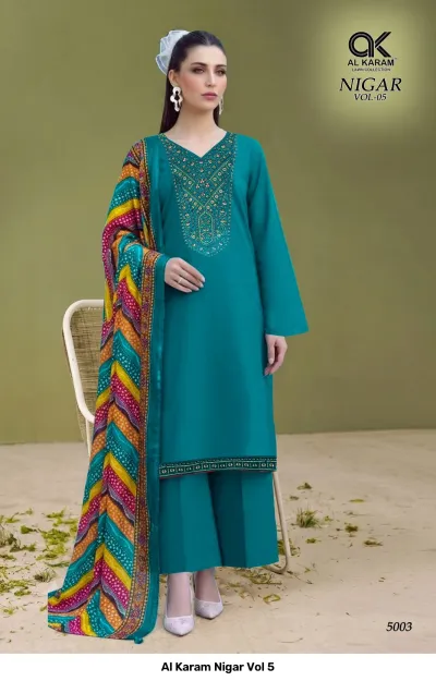 Al Karam Nigar Vol 5, teal salwar suit featuring a plain kurti with embroidery on the neckline and a colorful patterned dupatta.