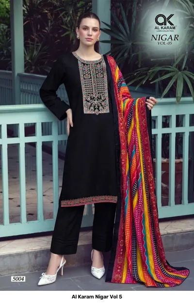 Al Karam Nigar Vol 5, black salwar suit featuring a plain kurti with detailed neck embroidery and a colorful patterned dupatta.
