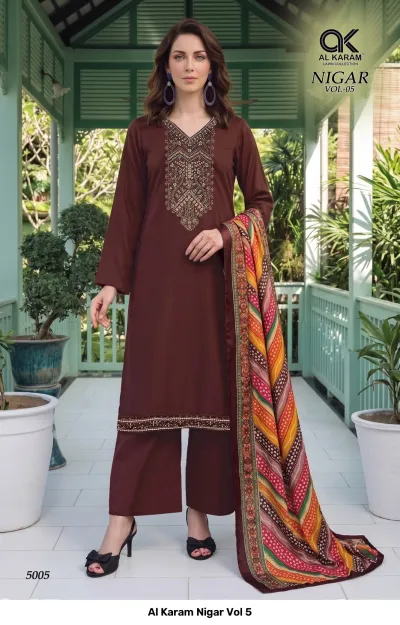 Al Karam Nigar Vol 5, brown salwar suit featuring a plain kurti with neck embroidery and a colorful patterned dupatta.