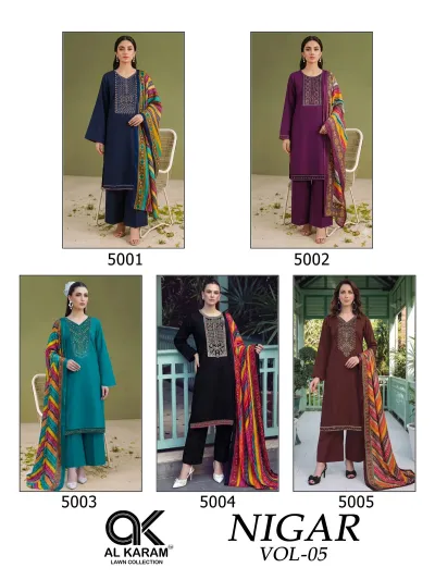 Al Karam Nigar Vol 5, catalog collage displaying five different colored salwar suits with matching patterned dupattas.