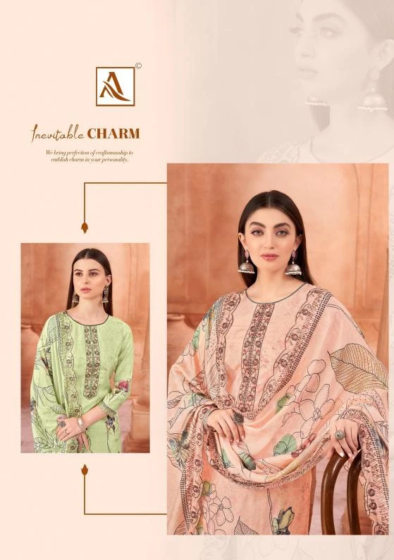 Alok Suit Aazma: Catalog cover featuring models in peach and green floral printed salwar suits with thread work embellishments.