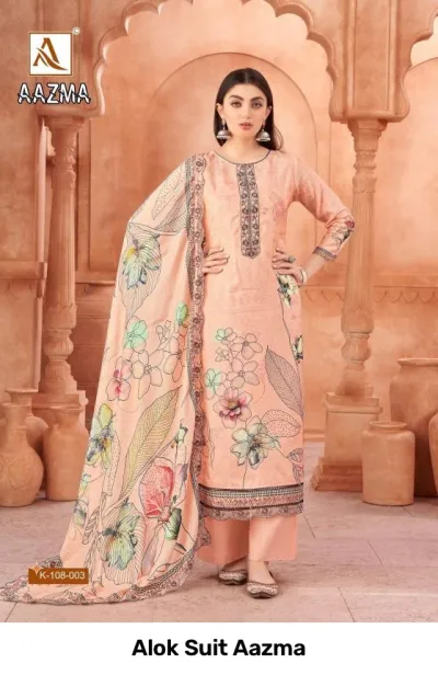 Alok Suit Aazma: Model wearing a peach salwar suit with floral prints, wide-leg trousers, and a matching dupatta with thread work.