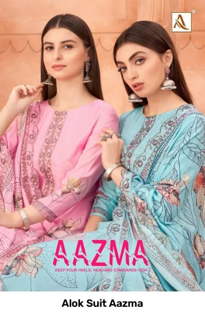 Alok Suit Aazma: Two models wearing pink and light blue floral printed salwar suits with thread work details and dupattas.