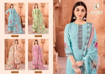 Alok Suit Aazma: Catalog collage showing four different floral printed salwar suits in blue, green, peach, and pink color variants.